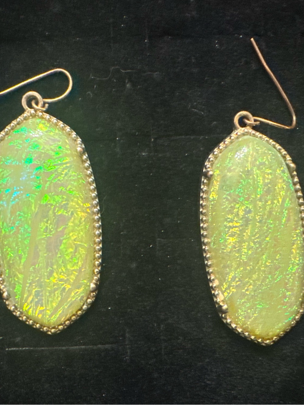 Green Iridescent Faux Opal Dangle Earrings Silver Tone Large Statement